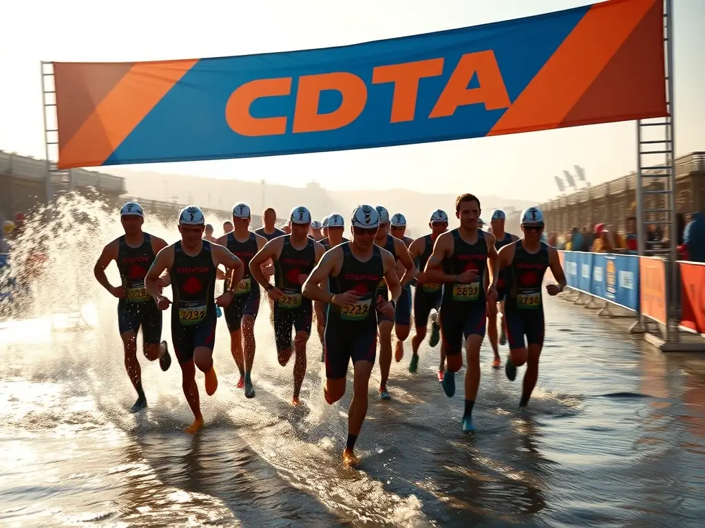 An image of athletes participating in an aquathlon event, showing the transition from swimming to running, with the CDTA banner visible.
