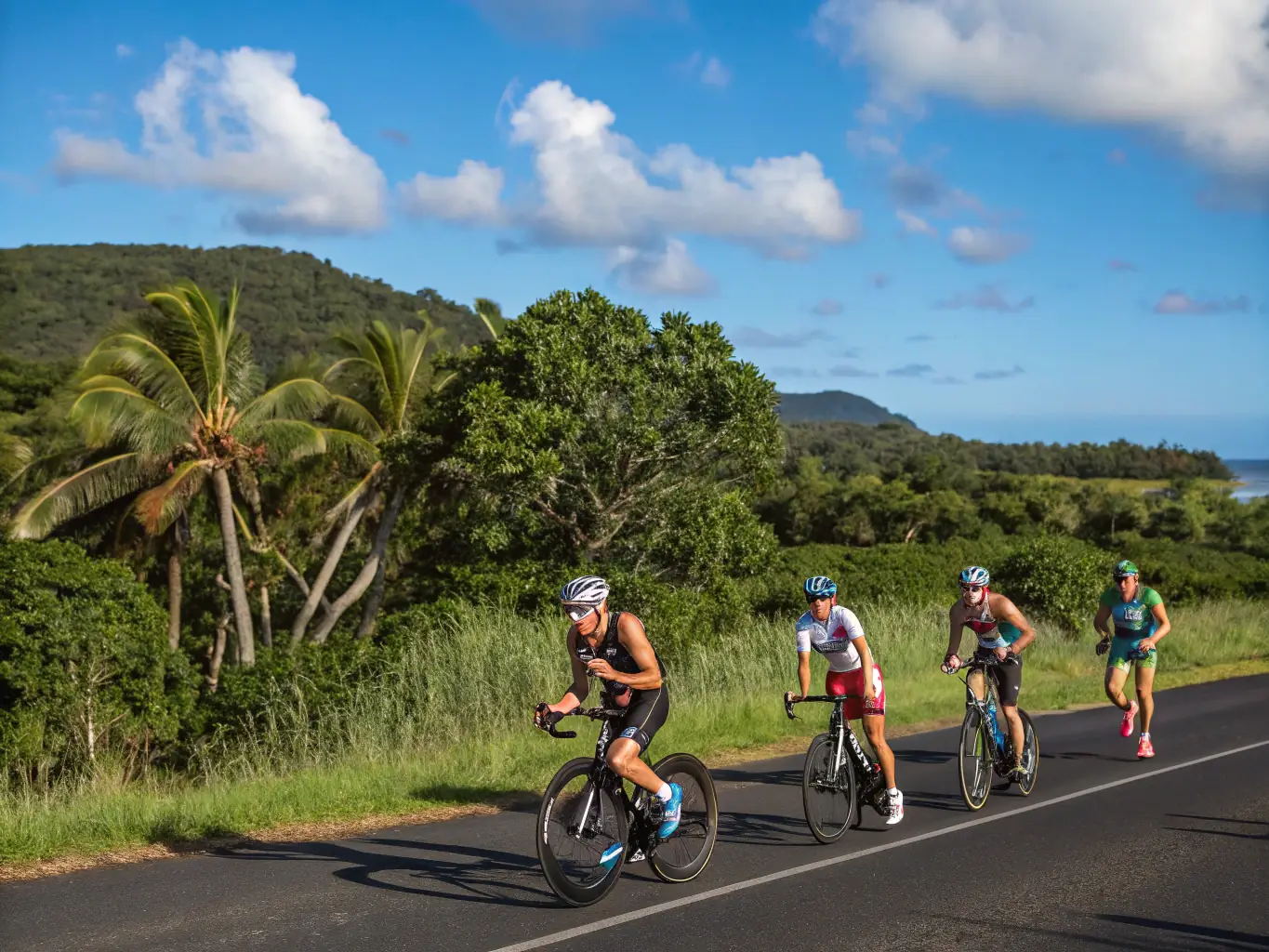 A vibrant image of athletes competing in a triathlon, showcasing swimming, cycling, and running disciplines, set against a scenic backdrop of Aube, France.