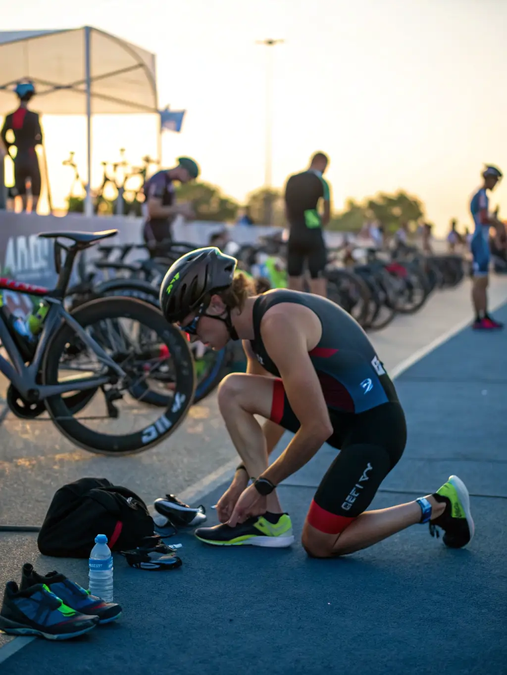 A coach providing guidance to an athlete on transition techniques, including efficient bike mounting and dismounting, in a dedicated transition area.