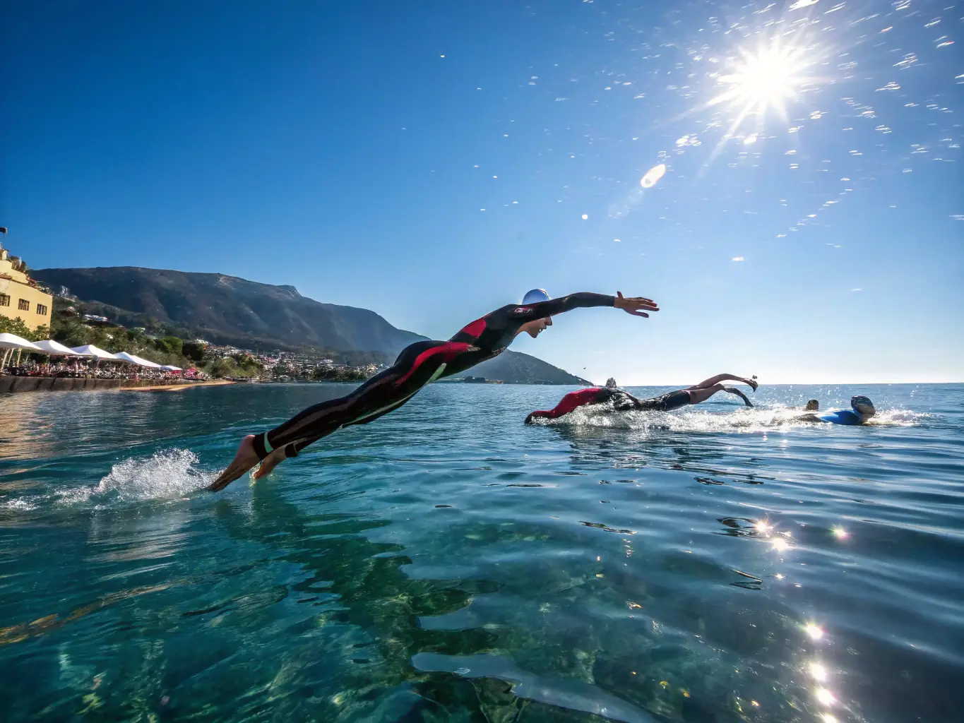A serene image of athletes participating in an aquathlon, swimming in open water and transitioning to a run along the beach, emphasizing the beauty and challenge of the sport.