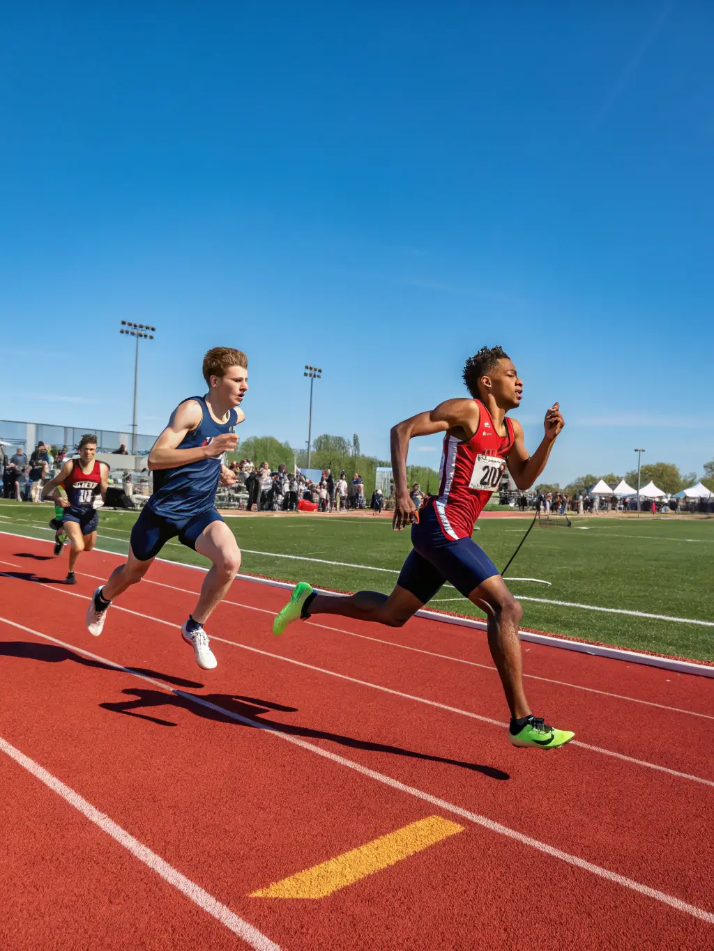 A group of runners participating in a track workout, focusing on speed and interval training under the guidance of a coach.