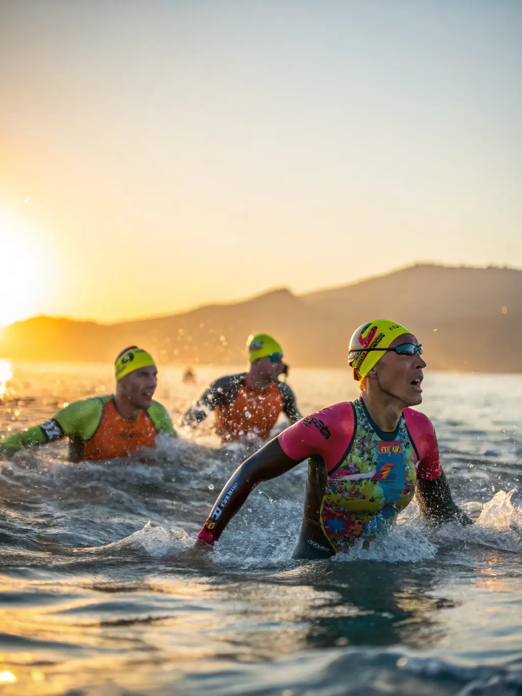 A group of triathletes participating in a swim training session in a clear, open-water environment, focusing on technique and endurance.