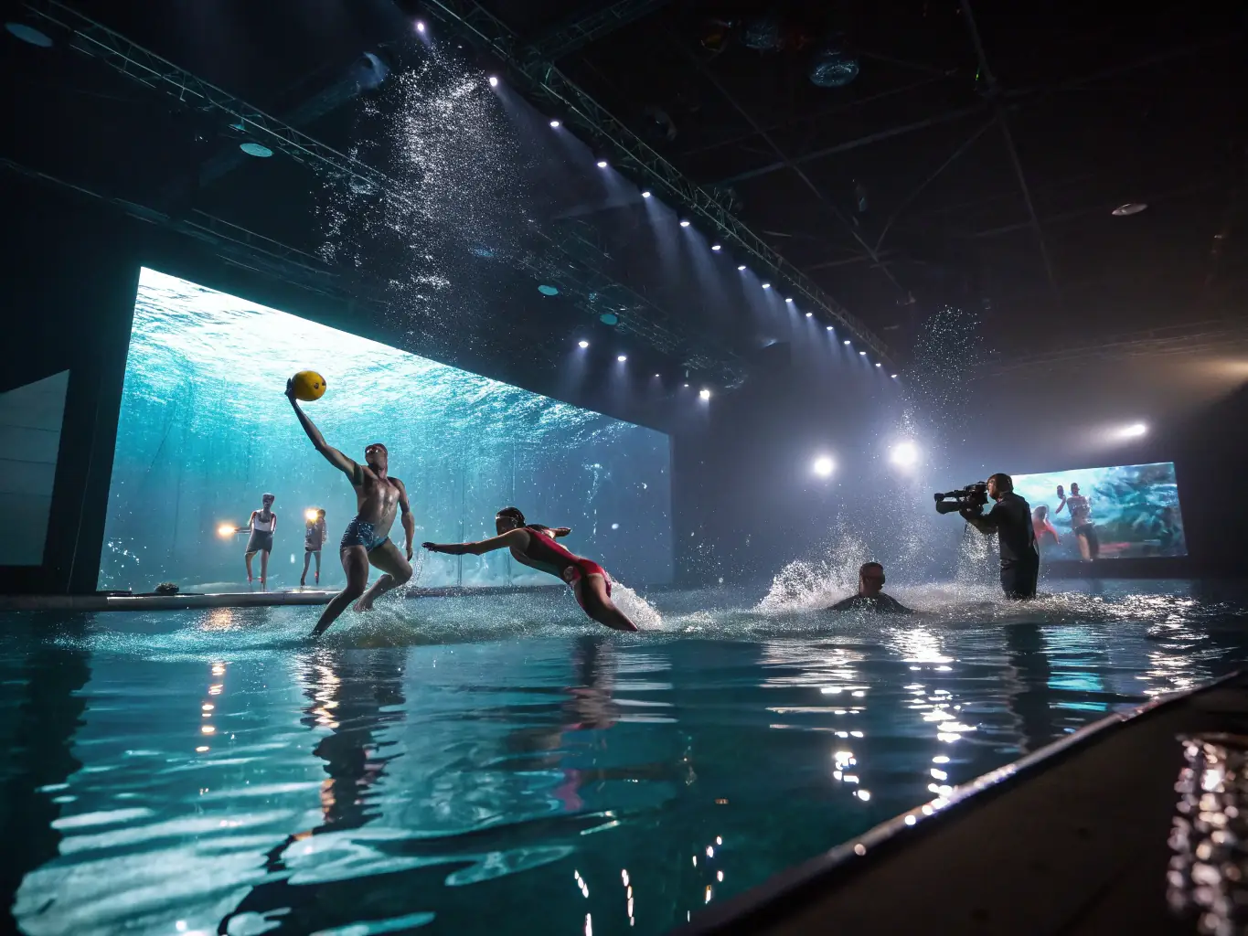 A dynamic shot capturing the energy of a past triathlon event, with athletes swimming, cycling, and running. The image should convey the excitement and challenge of the competition.
