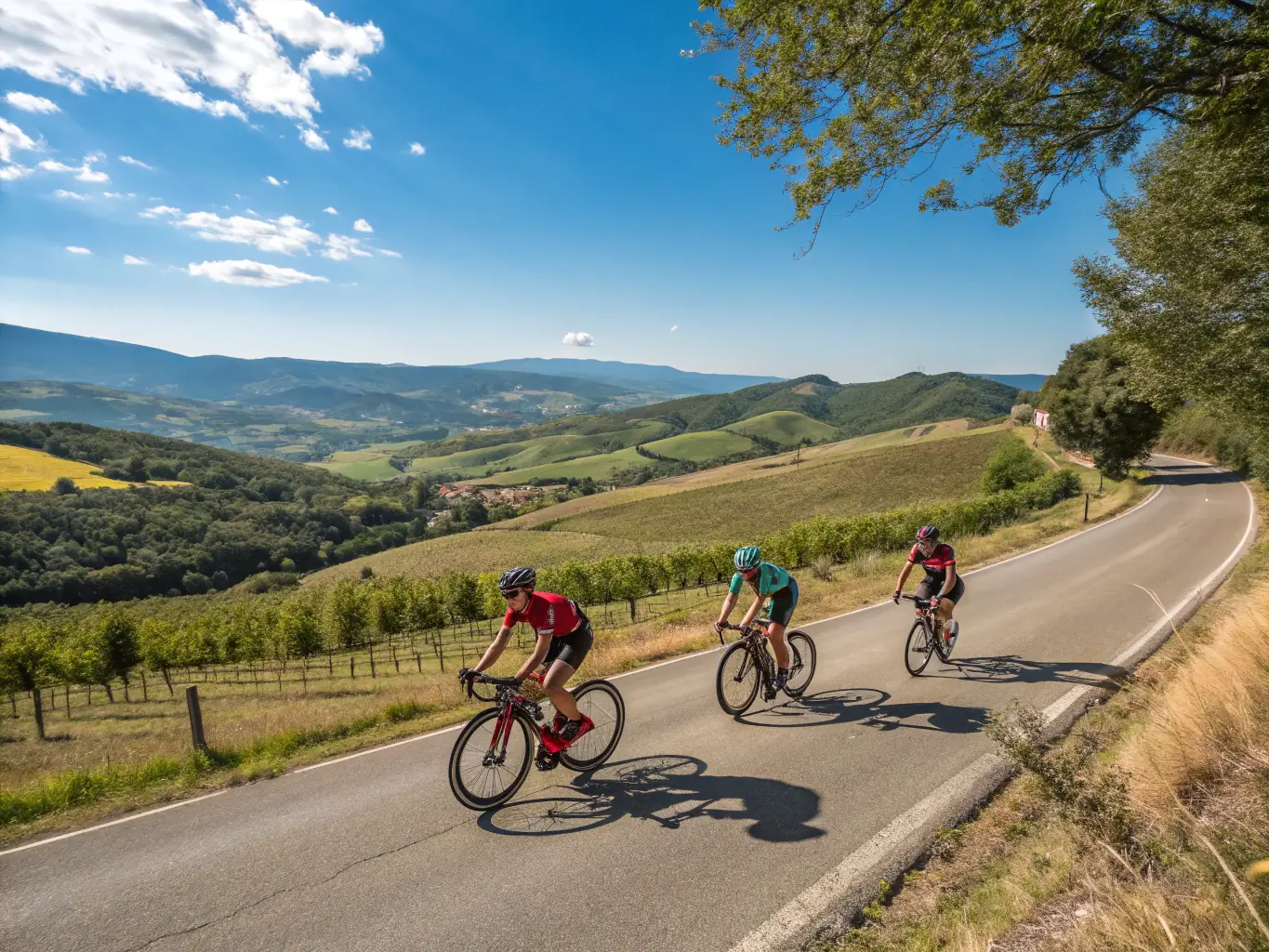 An action-packed image of cyclists racing during a duathlon event, with determined athletes pedaling through a scenic countryside, showcasing the intensity and excitement of the competition.