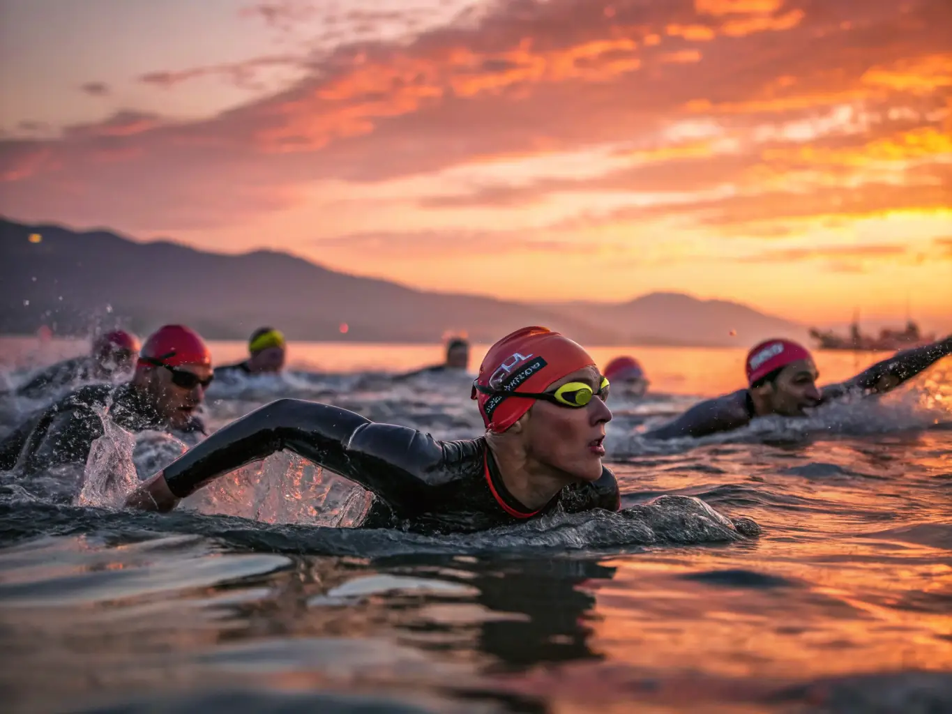 A dynamic shot of a triathlon event, showcasing athletes swimming, cycling, and running, with the CDTA logo prominently displayed.